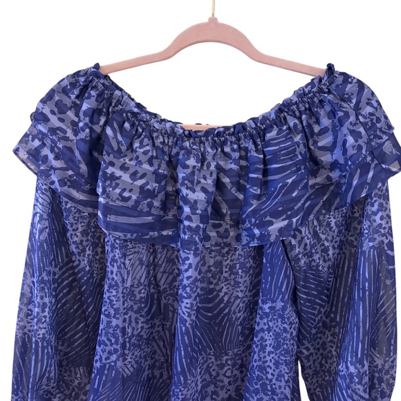 NWT Ramy Brook Alanna Off Shoulder Ruffle Blouse Blue Animal Print XXS - Picture 4 of 11